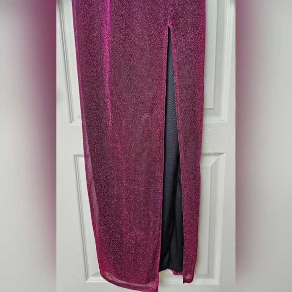 Faeriesty Womens Elegant Sparkly Glittery Magenta Gown, Thigh Slit, Sheer Arms S - Picture 6 of 11